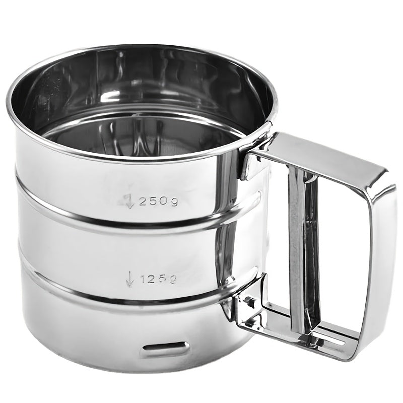 304 stainless steel flour sifter with double layer fine mesh for cooking and baking at home.