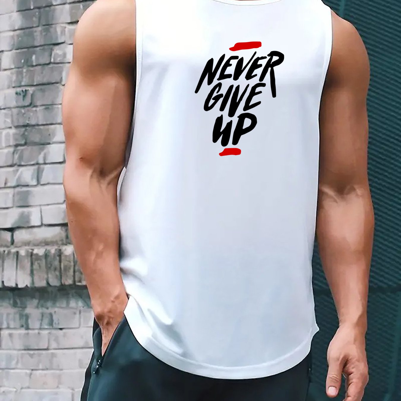 Comfy and breathable tank top for men, perfect for summer workouts and basketball training. Features bold "Never Give Up" print.