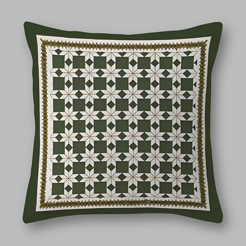 Chic geometric green throw pillow cover with charming design, 44.96x44.96cm in size. This reversible cover features a double-sided print and zipper closure for easy use. Made of machine-washable polyester, perfect for adding a touch of style to any room