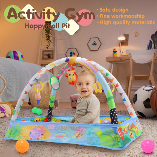 Colorful home play mat featuring an activity gym, ball pit, and sensory playmat. Safe and durable construction for endless hours of play.