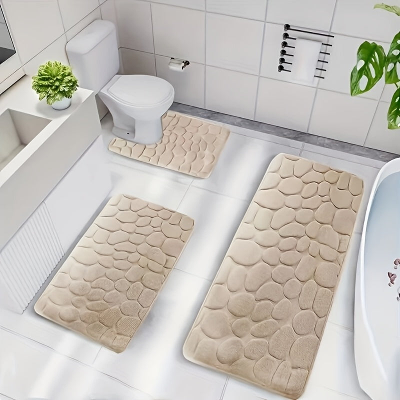 3-piece Coral Fleece Bath Mat Set with Geometric Pattern, Non-slip, machine washable rugs; Soft and comfortable knit fabric, 300gsm, thick rectangle shower mat for bathroom, kitchen, and