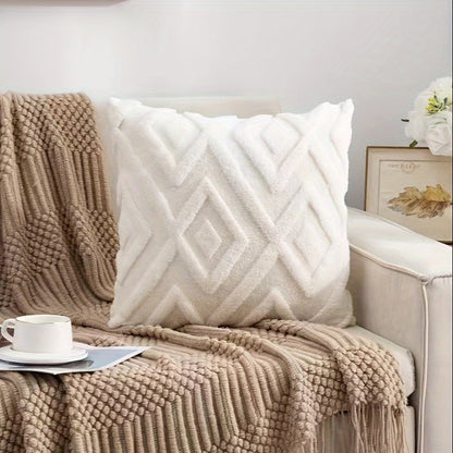 Cream white Bohemian faux fur pillow cover with geometric pattern, zipper closure, soft and fluffy, ideal for sofa, bedroom, and car decor. Does not include pillow insert.