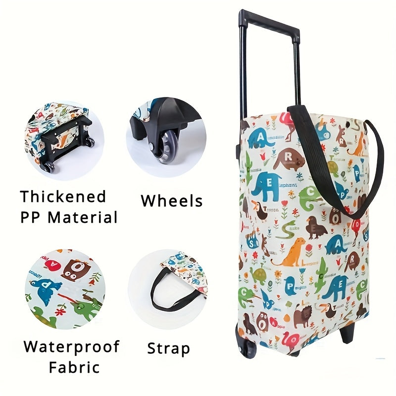 Foldable shopping cart with wheels, large capacity, waterproof Oxford fabric, versatile for outdoor, commercial use, groceries.