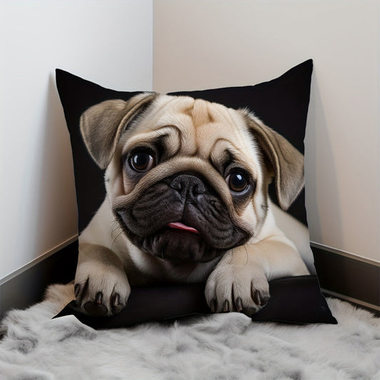 Single side print pillow cover with cute dog photography image design in peach faux leather. The cover measures 45x45cm and is perfect for decorating your living room sofa, bedroom, or bedside. Add a touch of style to your home with this charming pillow