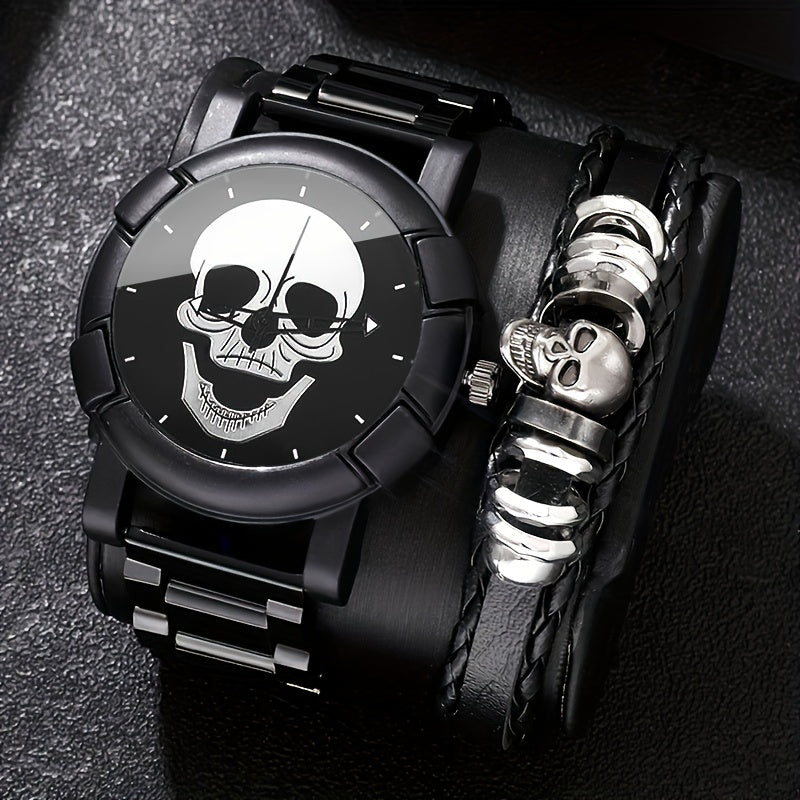 Set of 2, Men's Business Skull Dial Quartz Wrist Watch and Bracelet.