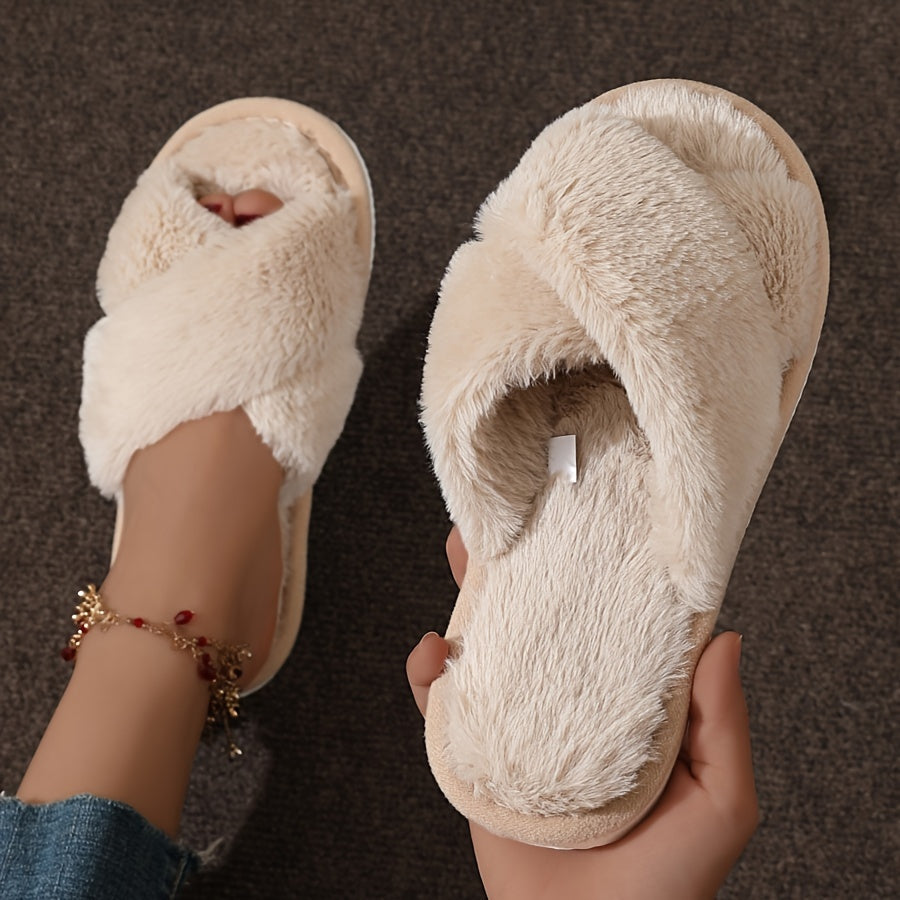 Leopard print plush slippers with soft soles, non-slip for cozy warmth at home.