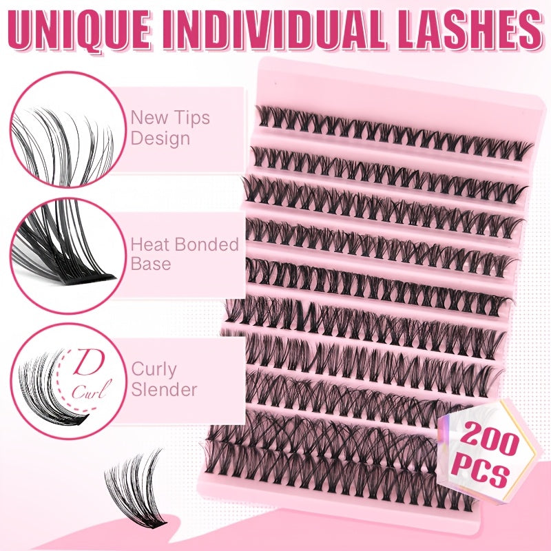 Luxurious DIY eyelash extension kit with 30P, 40P, and 80P lashes, featuring ultra-fine 0.07mm lash clusters in C and D curls (8-16mm). Suitable for beginners with lightweight 3D Russian