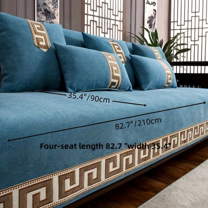 Modern Chenille Sofa Cover with Geometric Jacquard Design - Pet friendly, machine washable, non-slip, easy to clean. Fits armchairs to 4-seater sectional sofas. Made with soft polyester and features lace craftsmanship and active printing.