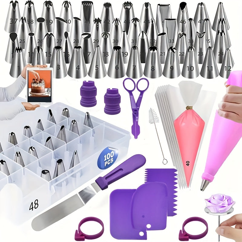 '- "Set of 100 Stainless Steel Icing Piping Nozzles, Cake Decorating Tips, and Metal Pastry Tools with Storage Case - Ideal for Baking and Cake Design