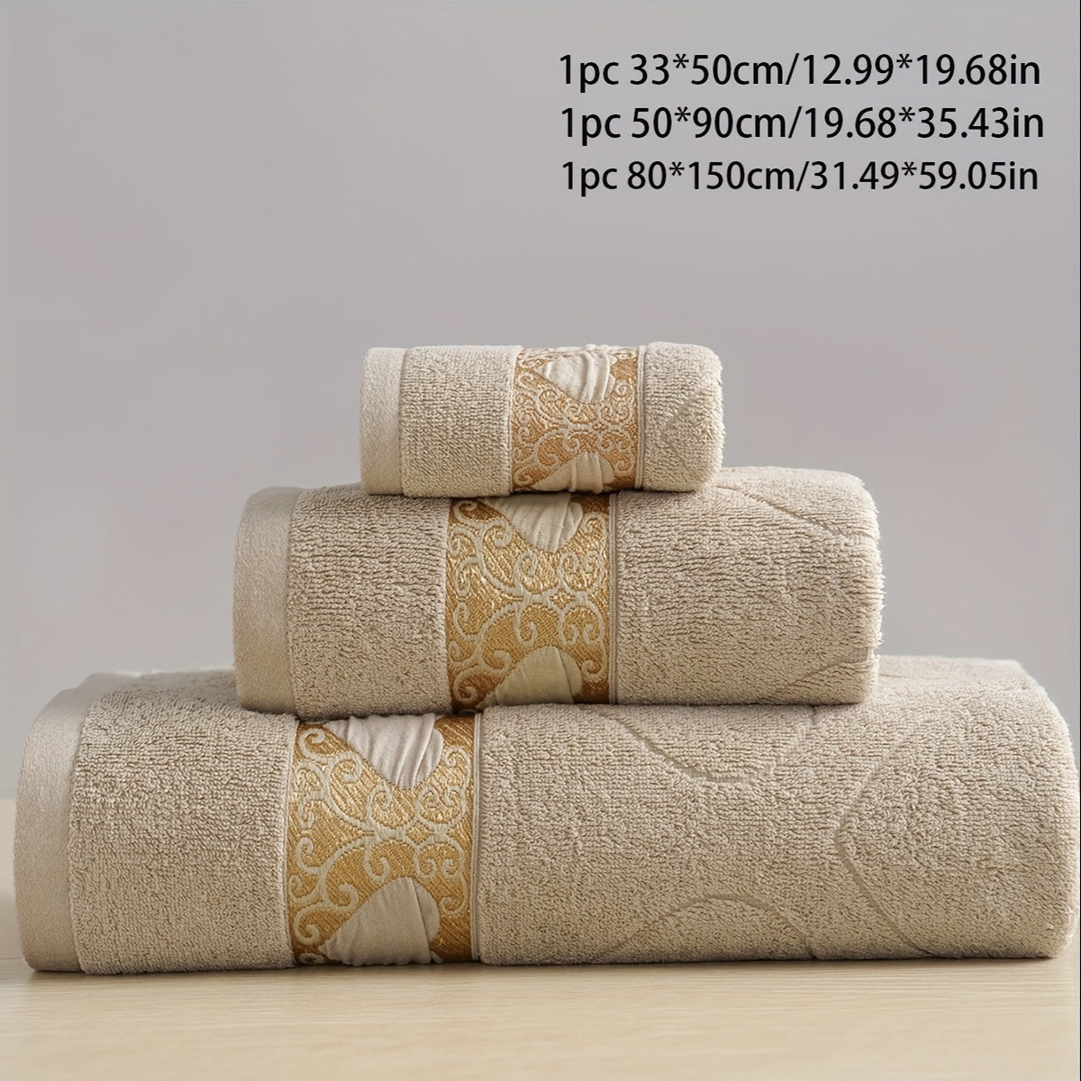 3-piece 100% Cotton Jacquard Towel Set, includes washcloth, hand towel, and bath towel. Absorbent, Quick-drying, Super Soft, and Skin-friendly. Ideal for home bathroom.