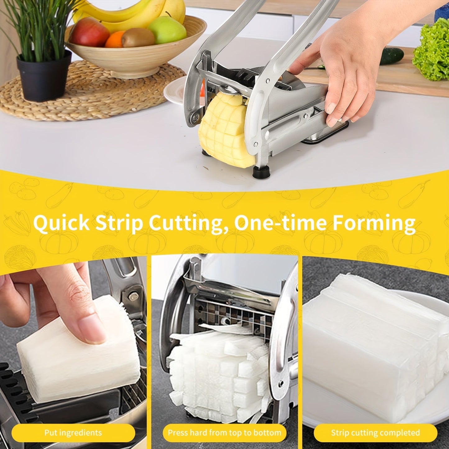 Home kitchen gadget for easy potato slicing, featuring a durable stainless steel French fry cutter with 2 interchangeable blades. Ideal for home use, this silver metal slicer is perfect for creating perfect fries every time.