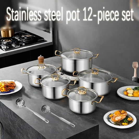 This 12-piece set includes a stainless steel stockpot with a single lid and double handles for easy grip. It comes with 5 pots, 5 pot lids, and two spoons, making it perfect for cooking soups, hot dishes, noodles, and seafood. This set is compatible with