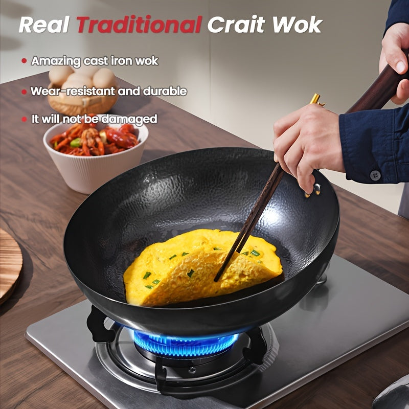 Hand-Forged Traditional Cast Iron Wok with Wooden Lid and Handle - Healthy Coating-Free Cooking - Rivet Reinforcement - 32cm Chef's Pan