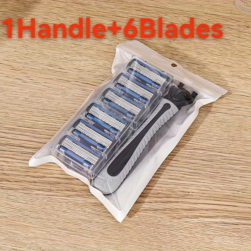 Men's manual shaver set includes 1 handle and 6 replacement blades for a 6-layer stainless steel safety razor.