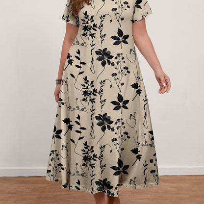 Plus size floral V-neck maxi dress for women in black and white pattern, made of lightweight polyester, perfect for spring and autumn.