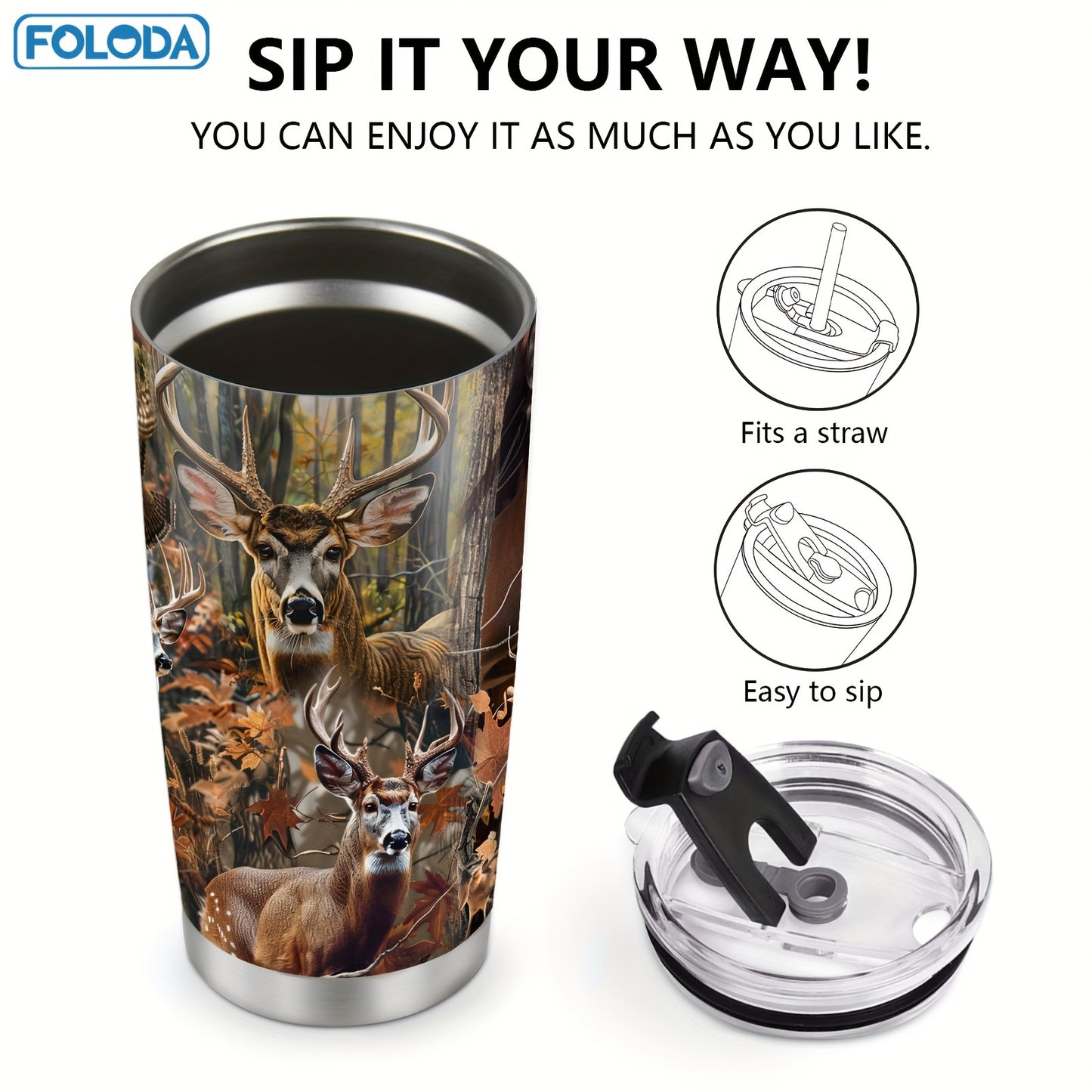 20oz stainless steel deer hunting tumbler with lid, autumn forest design, ideal gift for hunters, dad, or papa. Hand wash only. Great for Christmas, birthdays, or Valentine's Day.