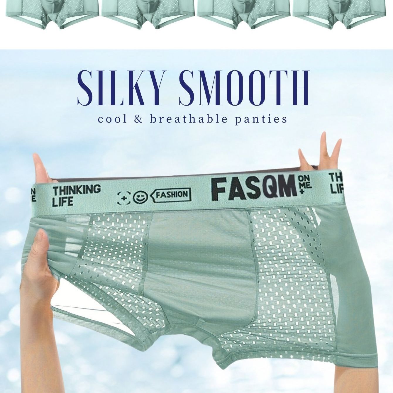 4pcs Men's boxers briefs in icy charm and cool soft material, featuring mesh patch for breathability and stretchy trunks. Available in sky blue, black, and deep gray with contrast color