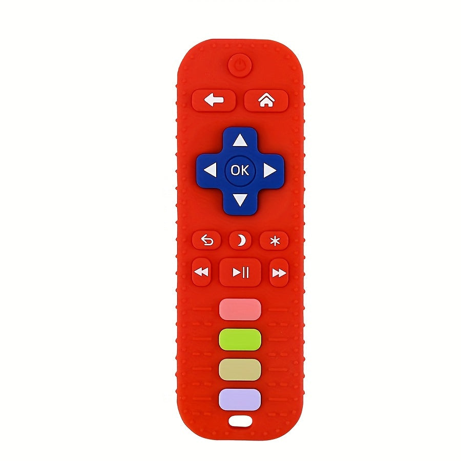 Soft silicone remote control teether toy, perfect holiday gift for youngsters. Safe, non-toxic, and battery-free. Available in pink, red, blue, and black.