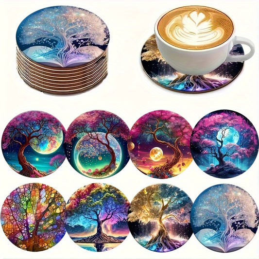 Set of 8 Charming Life Tree Coasters: Heat resistant, non-slip pads for home and office decor, great for parties and Christmas.