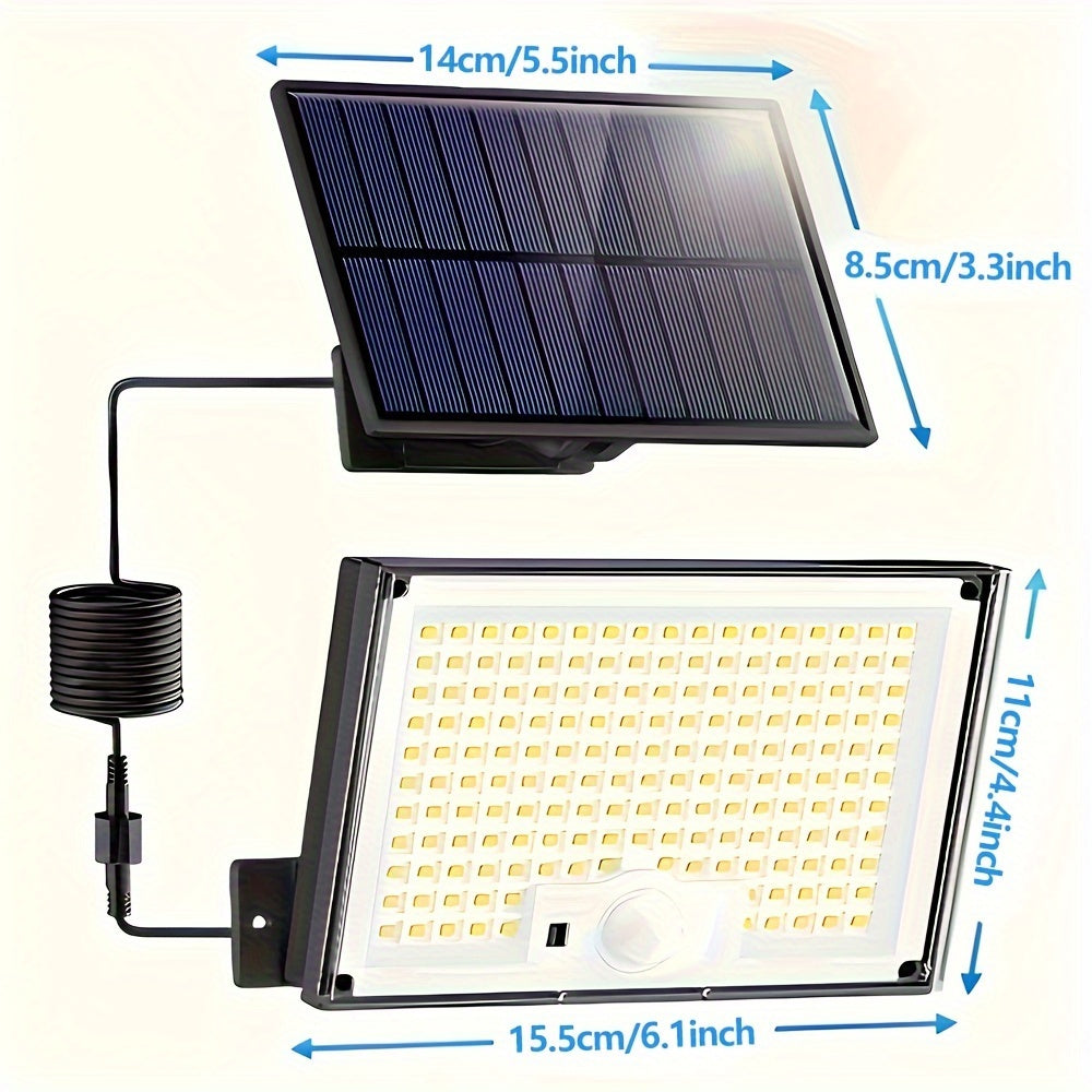 Solar floodlight with motion sensor, 3 lighting modes, and remote control for outdoor installation on walls.