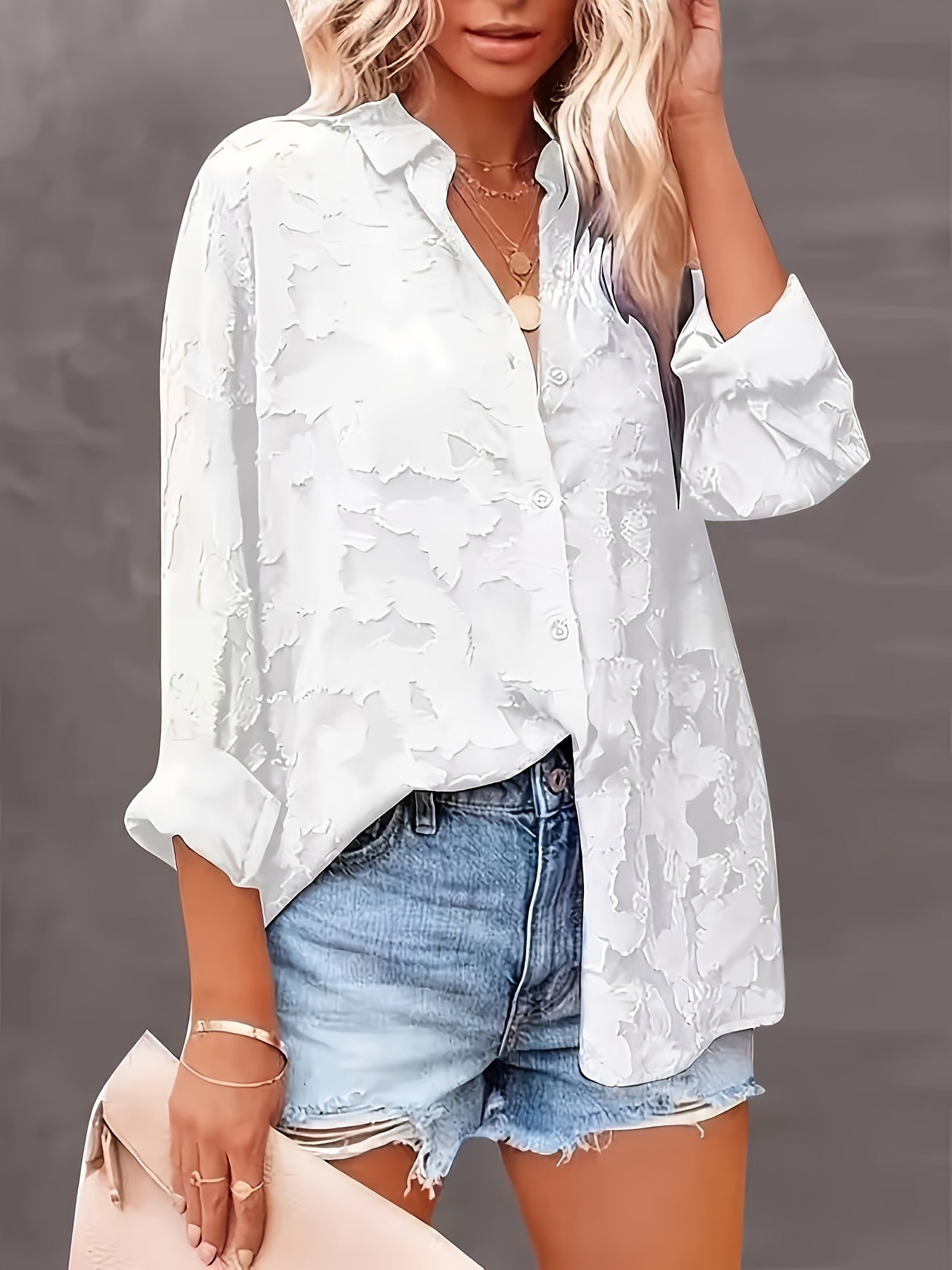 Light blue jacquard button-up shirt, semi-sheer polyester material, machine washable, with collar and pocket detail, versatile for all seasons.