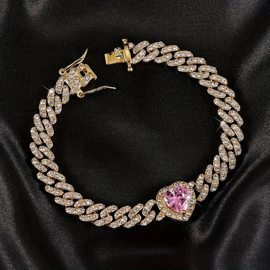 Elevate your style with this 8-inch Elegant Hip-Hop Cuban Chain Bracelet featuring a Rhinestone Heart Charm and Synthetic Gemstone Accents. Perfect for both men and women, this luxurious piece of jewelry is a fashionable choice for everyday wear or as a