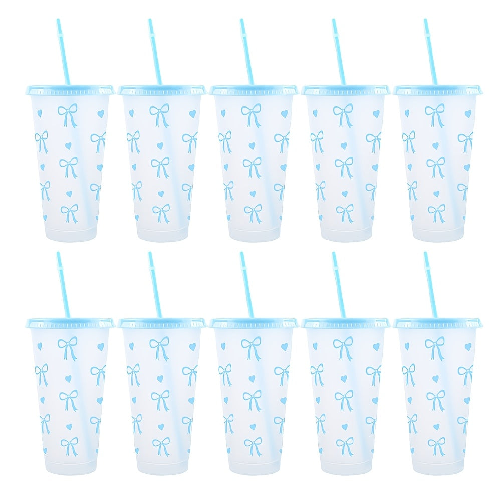 BPA-Free plastic water cups with lids and straws in heart and bow print. Leak-proof and reusable for outdoor events. Great for gifts on special occasions.