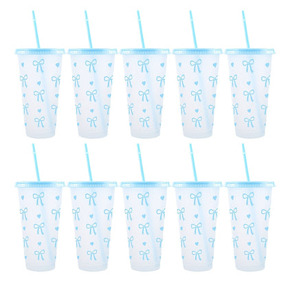 BPA-Free plastic water cups with lids and straws in heart and bow print. Leak-proof and reusable for outdoor events. Great for gifts on special occasions.