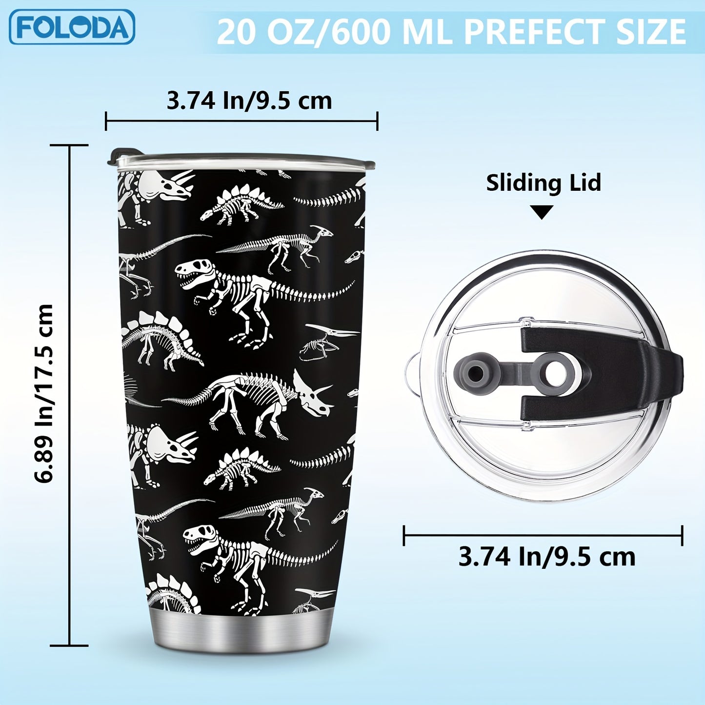 Foloda Dinosaur zanglamas po'latdan yasalgan izolyatsiyalangan tumbler 20oz - issiq/sovuq ichimliklar uchun ideal, oval shakl, oqmaslik uchun flip qopqoq, har qanday tadbir uchun mukammal sovg'a.