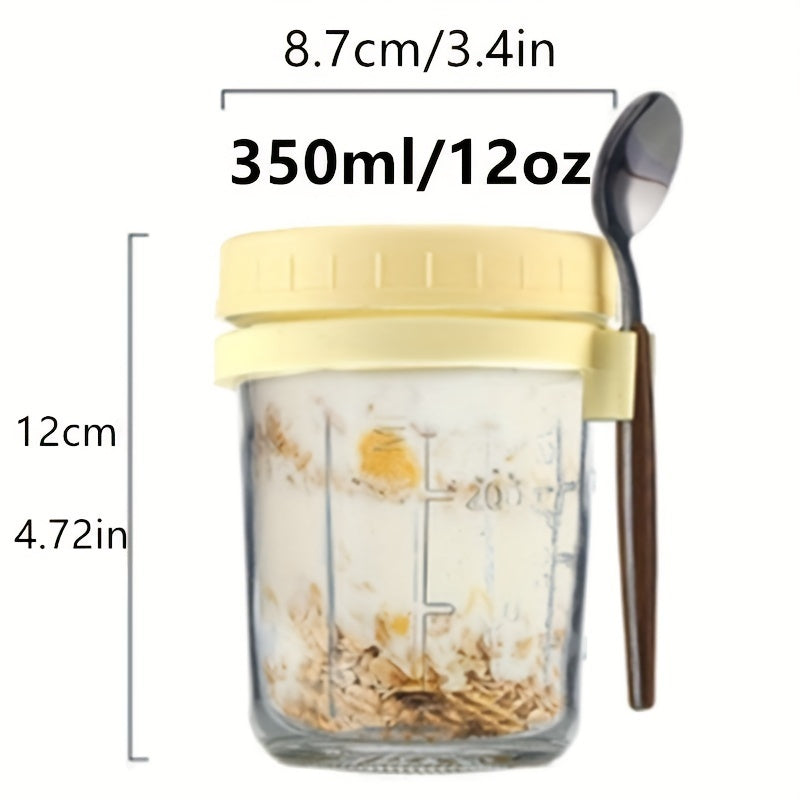 Four pieces of leak-proof storage containers for overnight oats, complete with lids and spoons. These reusable 12 oz glass Mason jars are perfect for storing milk, cereal, fruit, and yogurt. The large capacity airtight jars are essential kitchen