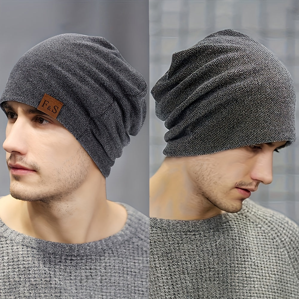 Christmas gift of a men's casual beanie hat made with a blend of cotton and soft, breathable polyester fabric. Features an alphabet pattern, high stretch, and is recommended for hand wash only.