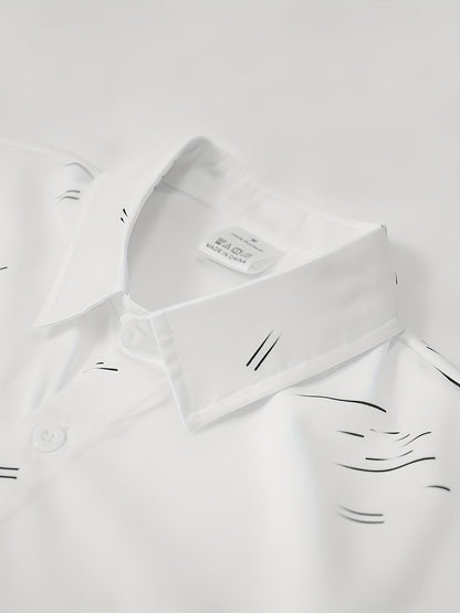 Men's casual shirt with white base and striped print, made of 140g fabric suitable for all seasons and occasions.