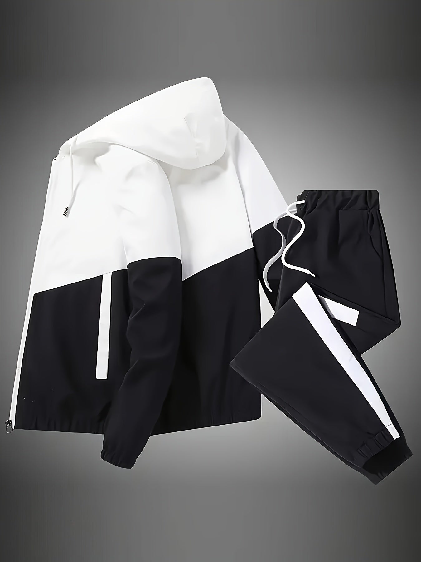 Men's Color Block Hoodie & Joggers Set: Polyester, Zip Detail, All-Season Wear