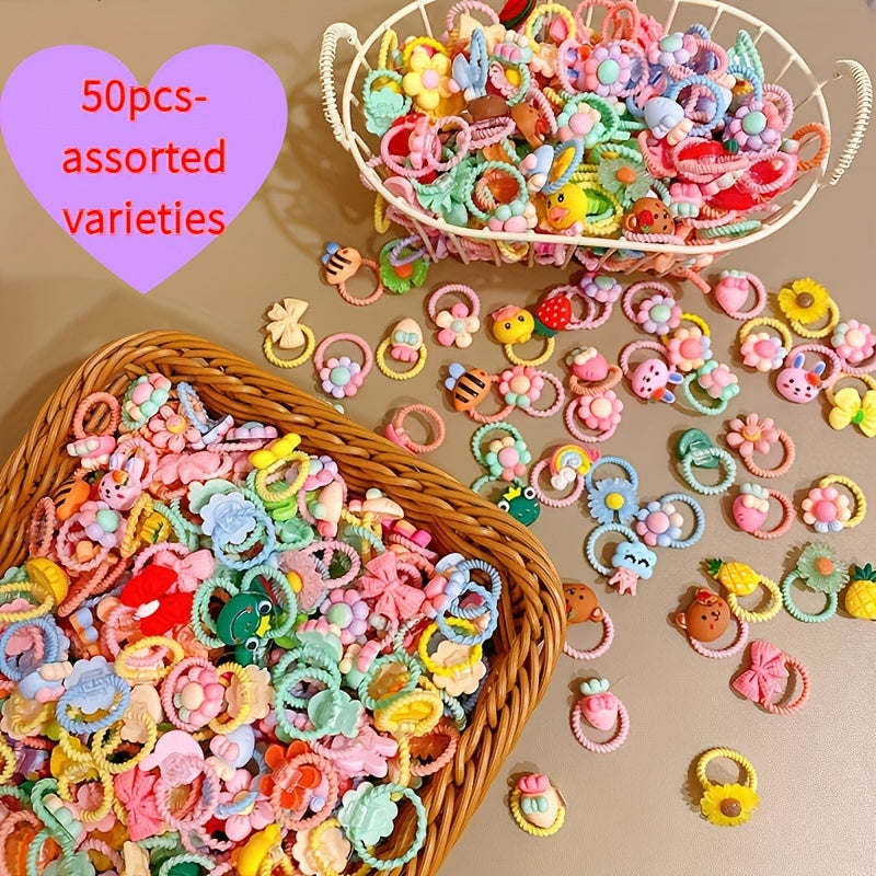 20/30/50pcs Himop Girls' High Elastic Hair Ties with Gentle, Cartoon Animal & Floral Designs in Clear Boxes - Perfect for School & Gifts