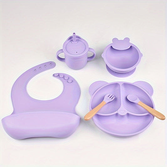 6 Piece BPA Free Silicone Baby Feeding Set for Toddlers - Includes Suction Plate, Bowl, Bib, Sippy Cup, Fork & Spoon - Food Grade Flatware for Ages 0-3 Years