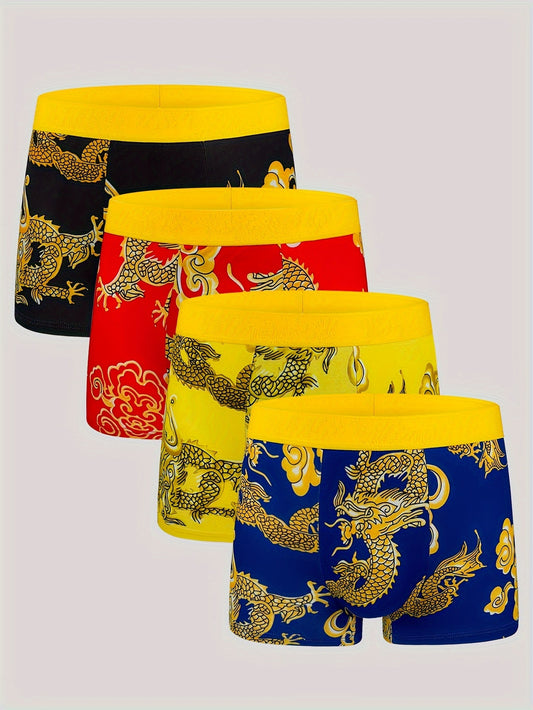 Men's dragon print boxer briefs, 4-pack, made of 95% polyester and 5% elastane, breathable and stretchy, with embroidered knit fabric.