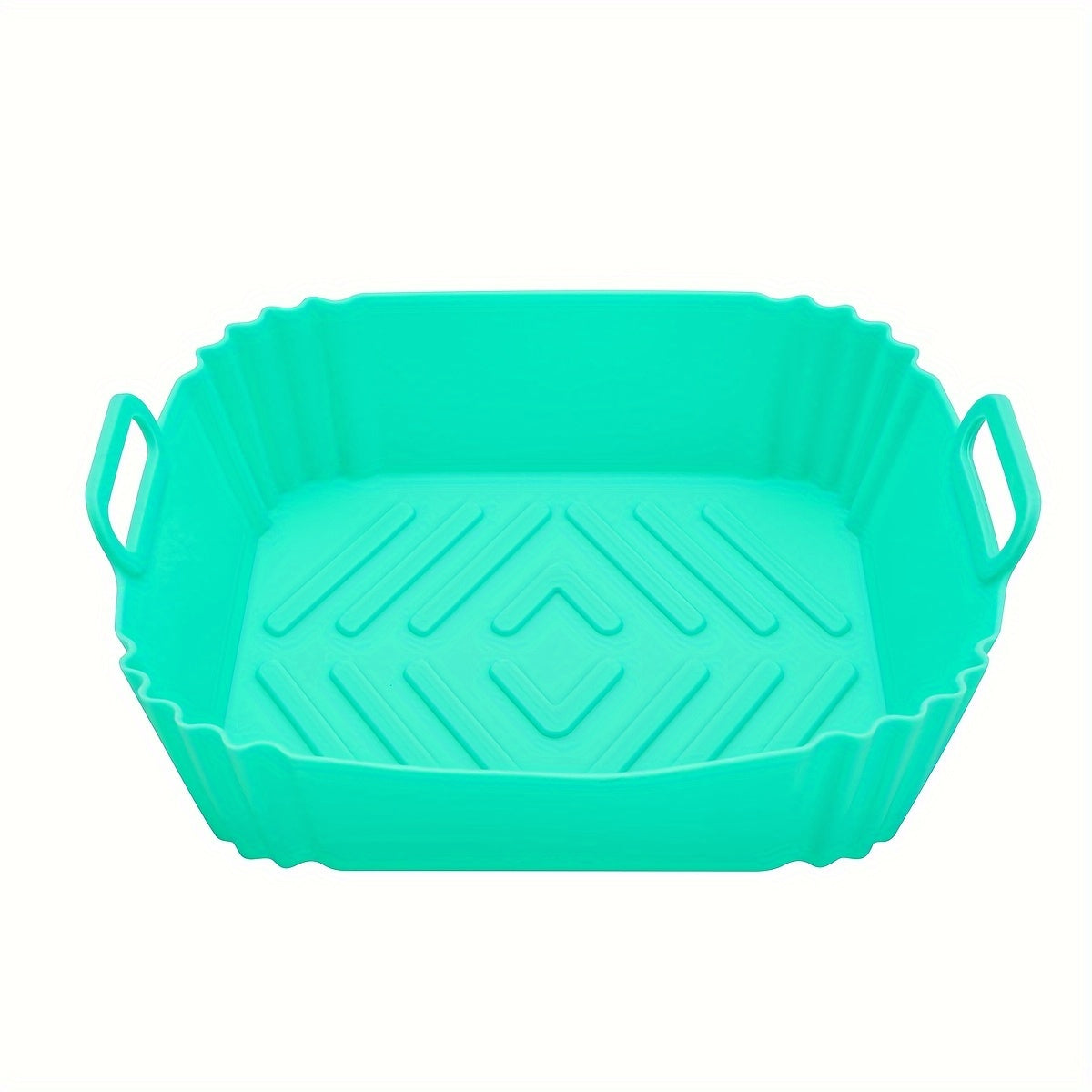 Get a square-shaped 1-piece reusable silicone air fryer baking pan that is non-stick and heat resistant up to 240°C. It comes with textured grip handles for easy handling and is perfect for making crispy chicken and more. An essential kitchen accessory