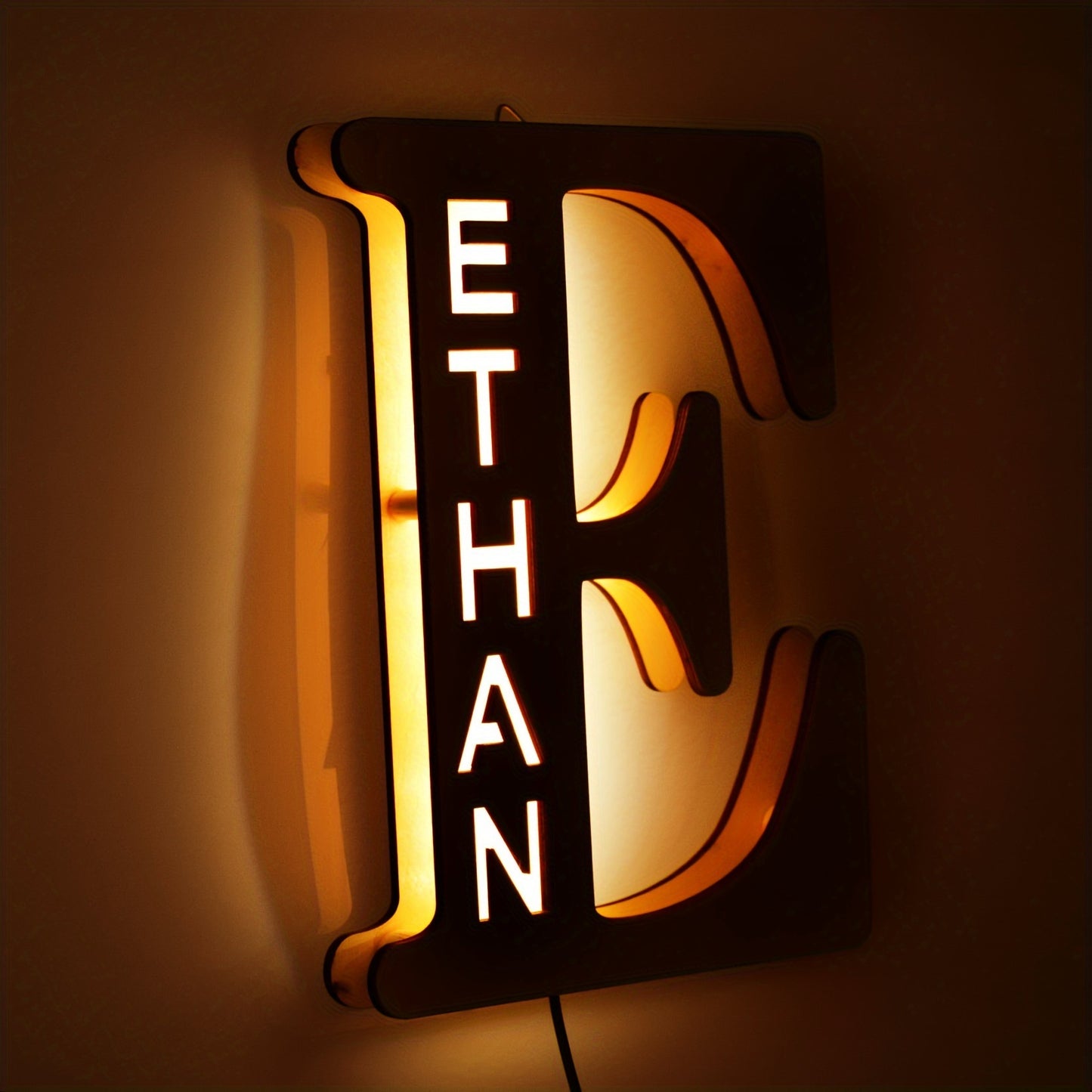 Custom LED letter night light for couples, friends, and family - personalized wooden wall lamp powered by USB. Ideal for bedroom decor with custom uppercase letters.