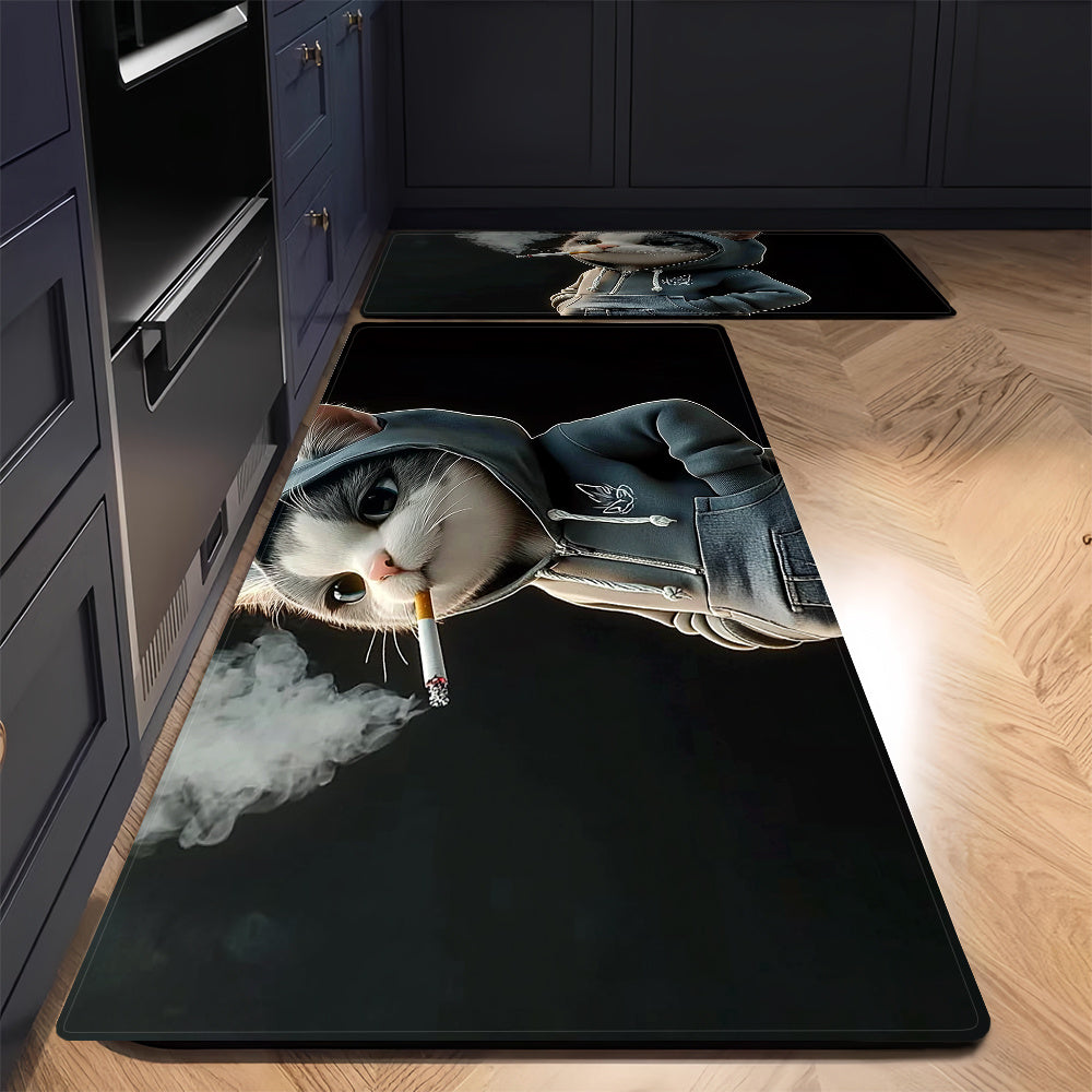 Small, machine washable doormat featuring a whimsical cat in a hoodie design. Made of durable polyester, this quick-dry mat is ideal for kitchen, bathroom, bedroom, and outdoor decor.