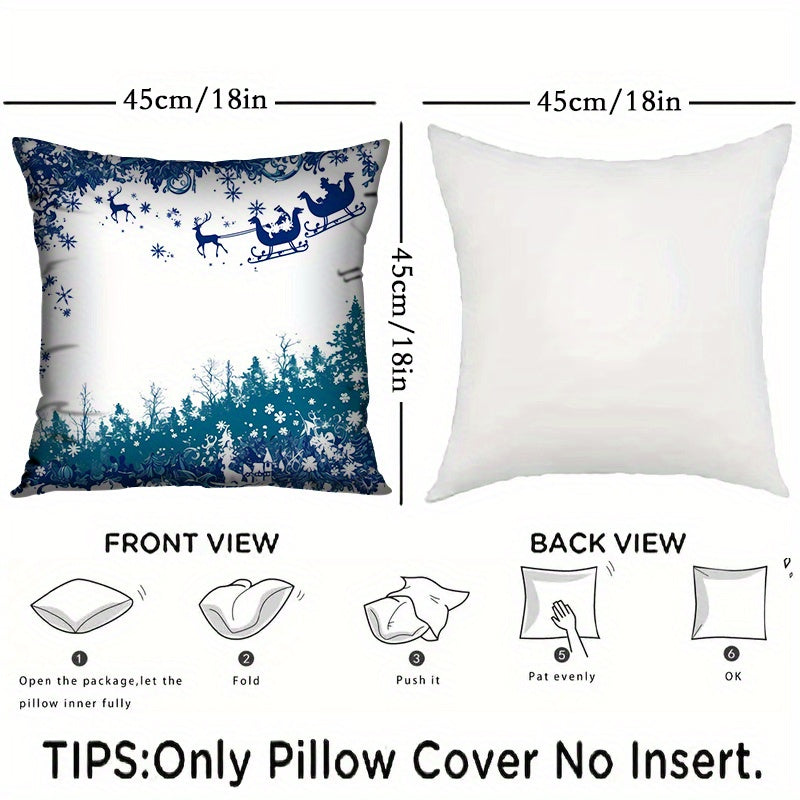 Set of 2 Festive Blue Merry Christmas Throw Pillows, measuring 45.72x45.72 cm each. Made of soft polyester, these square cushion covers do not include inserts. Perfect for decorating your living room, bedroom, or car. Pillows are washable for easy care.