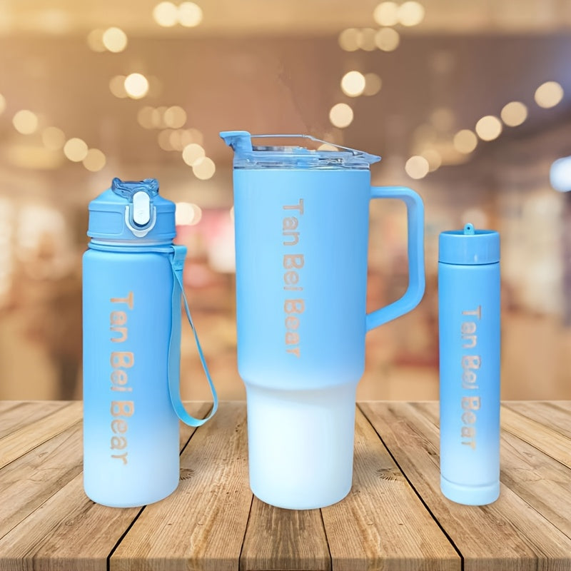 Set of 3 gradient water bottles, ideal for sports and fitness on the go. Leakproof and portable, made from BPA-free PC material. Perfect for camping and school gifts.