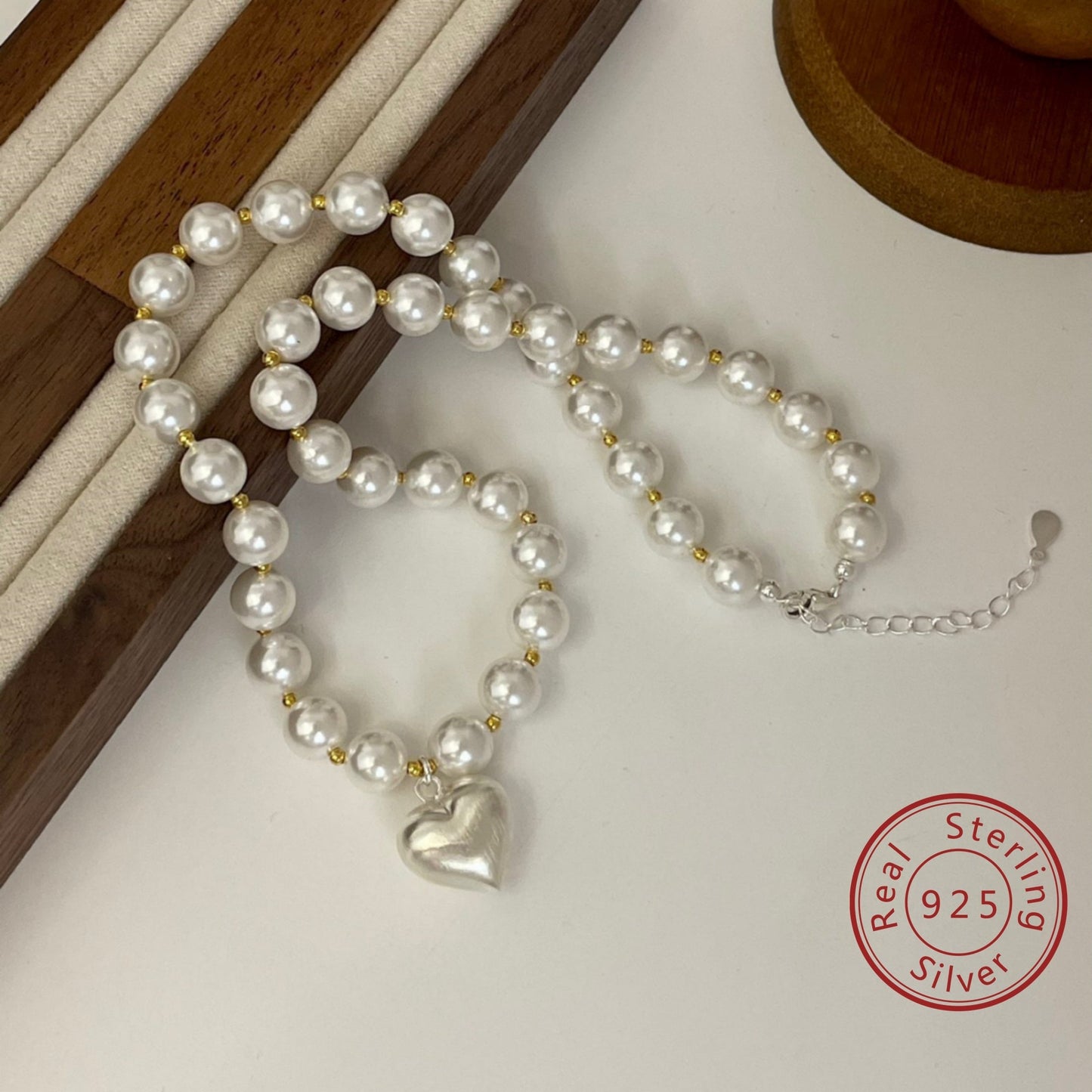 Stylish Boho 925 Sterling Silver and Shell Beaded Necklace featuring a Frosted Love Pendant - Ideal for Everyday Wear, Gifting, and Special Events