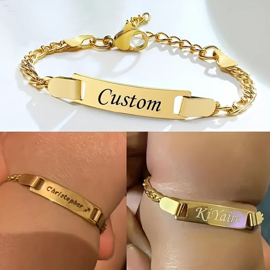 Personalized Baby Name ID Child's Bracelet, made of Stainless Steel and Adjustable. Engraved with Date, Name, or Words. Ideal Jewelry for Parties, Birthdays, or Holiday Gifts for Kids