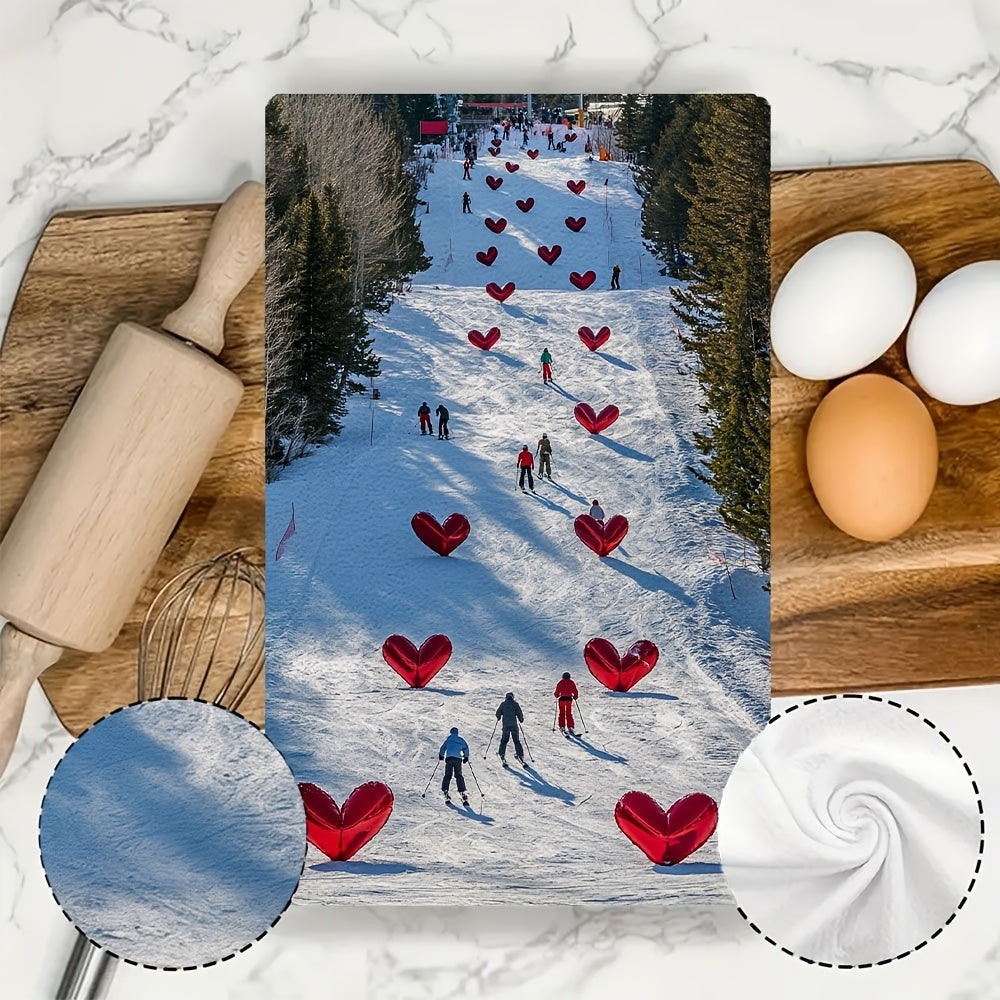 A set of two ultra soft polyester kitchen towels, designed for high absorbency and easy machine washing. These contemporary rectangular dish hand towels feature a coastal theme with a heart flags ski slope design. Each towel measures 40.64x60.96 cm.