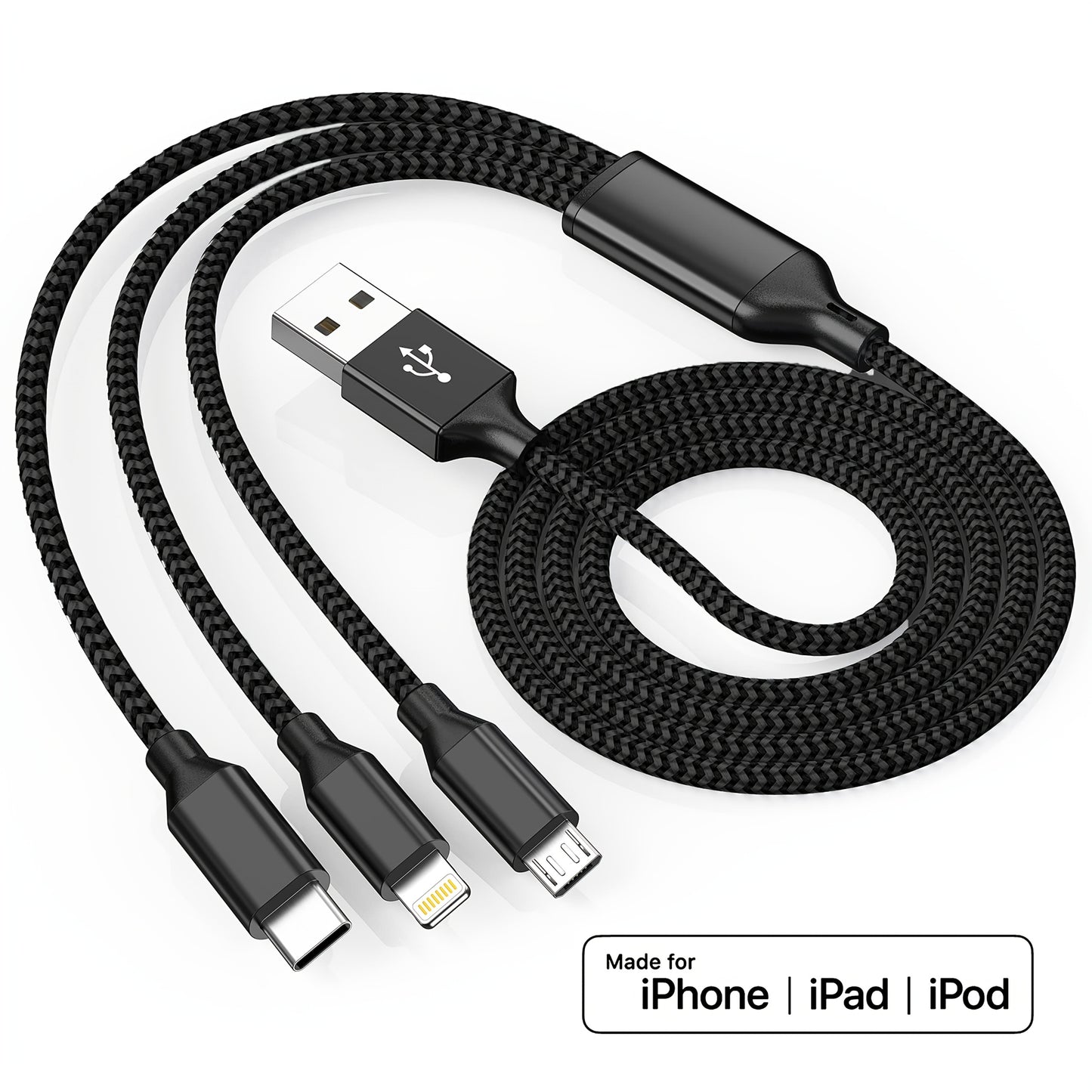 Fast charging USB cable compatible with iPhone, Samsung, Type-C, Micro USB devices and various Android smartphones.