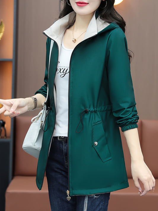 Women's Casual Zip-up Hoodie Windbreaker Jacket with Drawstring Waist, perfect for Spring & Fall.