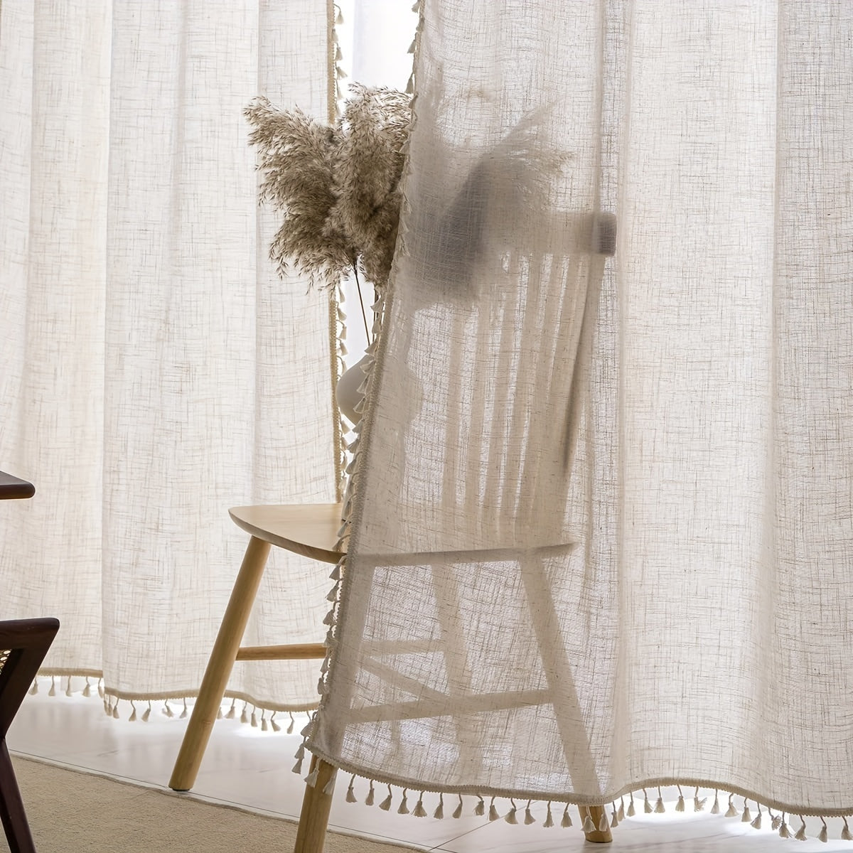 Single Bohemian Lace Curtain with Rod Design, Crafted from Solid Color Linen for Both Light and Privacy, Comes in Natural Wood Color, Sold Individually.