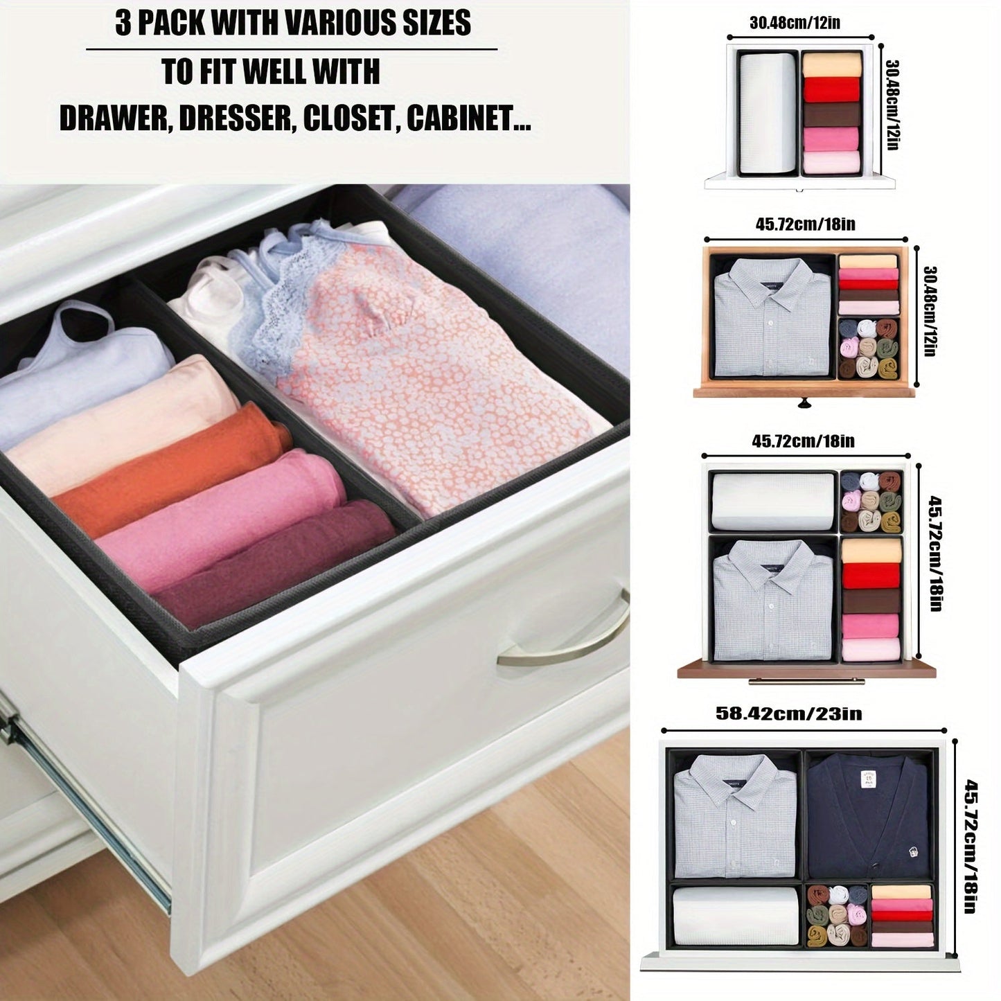 This 6-piece set of fabric drawer organizers is perfect for home organization. Each box is unfinished and foldable, making them versatile and easy to use. Suitable for ages 14 and up, these weather-resistant storage boxes are under 3.2 cubic feet and