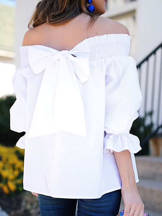 Off-shoulder blouse with bow back, shirred half sleeves, perfect for spring & summer in plus size women's clothing.