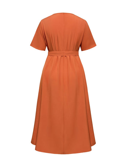 Stylish women's summer dress with bow tie waist, round neck, and short sleeves. Made of lightweight polyester, machine washable. Ideal for casual or formal events.